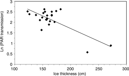 Fig. 5  Ice thickness (cm) versus ln (photosynthetically active radiation [PAR] transmittance).