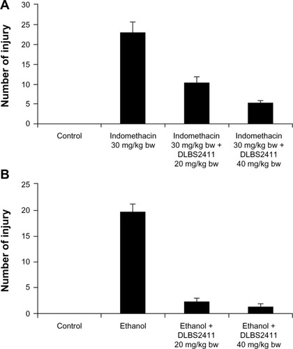 Figure 4 Number of petechiae on Wistar rats after administration of (A) absolute ethanol and 15% ethanol for 1 week and subsequently treated with DLBS2411, and (B) 30 mg/kg body weight of indomethacin after the rats received pylorus ligation treatment and DLBS2411 for 1 week.