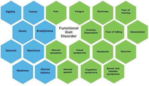 Figure 1. Reported functional motor symptoms (blue) and non-motor symptoms (green) that occur in motor-FND that may contribute to presentations of FGD.