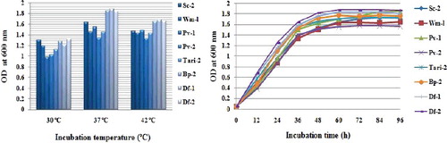 Figure 4. Effect of temperatures on yeast cell growth in YPD medium. Here, Y-axis represents OD (optical density) and X-axis represents three different temperatures. After 72 h incubation, growth was measured by spectrophotometer at 600 nm. The optimum growth rate was found at 37 ºC. Growth curve of various yeast samples isolated from the natural fermented sources of Bangladesh. Yeast samples were grown to YPD broth at 37 °C from 0 to 96 h. Samples were collected in various indicated time point and seize the growth and then their growth were measured by spectrophotometer (Specord UV/Visible Spectrophotometer, Analytic Jena, Germany) at 600 nm against the YPD broth as blank.