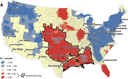 Figure 2. Getis-Ord Gi* hotspot results and z-scores for tornado occurrences at the county level. Tornado Alley and Dixie Alley are delineated based on 95% confidence bounds. Source: Author.