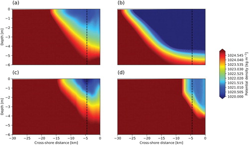 Figure 6. Vertical sections of Potential density (day 12): (a) Reference, (b) High Discharge, (c) Tide, (d) SW wind. The black dashed line represents the vertical profiles (density and N2) shown hereafter. (Colour online)