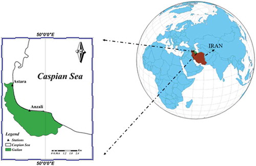 Figure 1. Map showing location of Iran and the location of the investigated weather stations, Anzali and Astara.