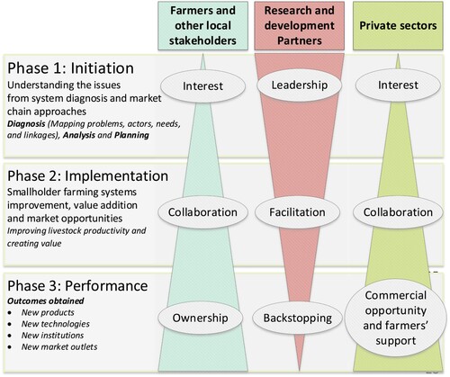 Figure 2. Phases of IPs and the expected changing roles of farmers, research and development agencies and private sector. The width of the triangle emanating from the group suggests the level of involvement, which in some groups grows and in others diminishes as the IP matures through its phases of development. Source: Adapted from Bernet, Thiele, and Zschocke (Citation2006).