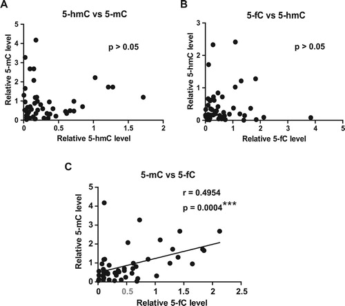 Figure 3. Correlation analysis among 5-mC, 5-hmC and 5-fC. (A) The correlation analysis was conducted between 5-hmC and 5-mC. (B) Correlation analysis between 5-fC and 5-hmC was conducted as described in A. (C) Correlation analysis between 5-mC and 5-fC was conducted as described in A. P values <0.05 are regarded as significant, ∗∗∗P < 0.001. Scatter plots with linear fit are shown and Spearman r and p values are listed.