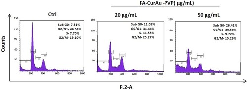 Figure S3 Effect FA@CurAu-PVP treatment on cell cycle in MDA-MB-231 cells was analyzed by flow cytometry. Briefly, 2×105 cells were seeded in 60 mm dish and treated with 20 and 50 µg/ml of FA@CurAu-PVP for 24 hrs. Cells were stained with propidium iodide and analyzed by FACSCalibur (BD Bioscieces)