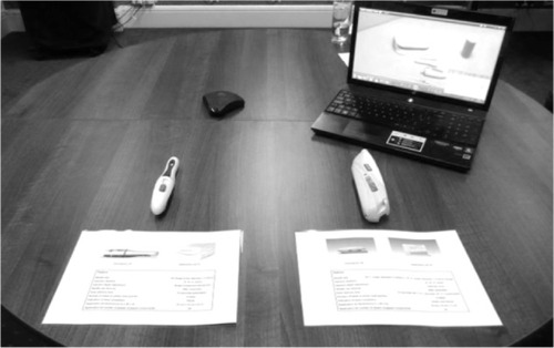 Figure 1 Layout of devices, fact sheets, and video reviewed by participants. The positions of the autoinjectors and their fact sheets were alternated between interviews. ExtaviPro™ 30G (Novartis Pharma AG, Basel, Switzerland) is on the left in this image.