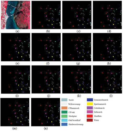 Figure 4. Classification maps on the KSC scene. (a) three-band color composite image; (b) ground truth map, and the classification results obtained by the (c) SVM, (d) GF-SVM, (e) BEEPS-SVM, (f) DF-SVM, (g) MASR, (h) SSSKRR, (i) EPF-B-g, (j) 3D-CNN-LR, (k) LPP-LBP-BLS, (l) LBP-SVM, (m) IMBLBP, and (n) MSF.