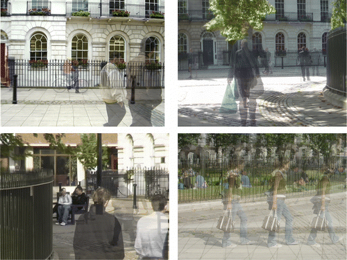 Figures 9–12 Everyday life practices inducing a typical sense of flow. Fitzroy Square. Photomontages by the author, “Freeze-time photography project”, 2008.
