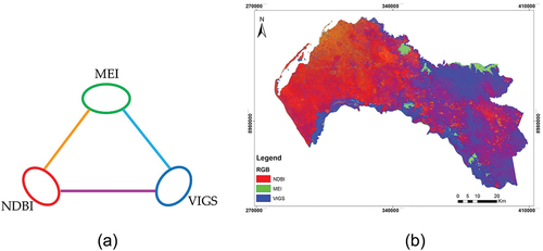 Figure 2. (a) Spectral index combination. (b) Composite image of NDBI, MEI, and VIGS.