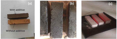 Figure 5.: (a) Colour of red anthill clay bricks with and without additives before firing, (b) fired anthill clay brick with additives, and (c) red hot anthill clay bricks with additive fired at 1200 °C.