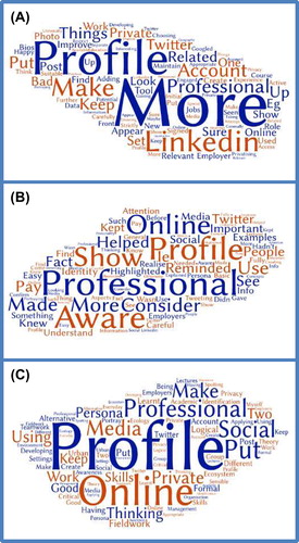 Figure 1. Word clouds of students’ responses to questions about the session requiring text input. (A) If you have considered your online professional identity, how do you intend to develop it? (26 responses; 17 female, 9 male); (B) Was this session helpful in terms of considering your online professional identity? (see Table 2) How? (25 responses; 14 female, 11 male); (C) List two skills gained in this session that will help with your future employability (26 responses; 18 female (7 provided 2 responses), 9 male (4 provided 2 responses).