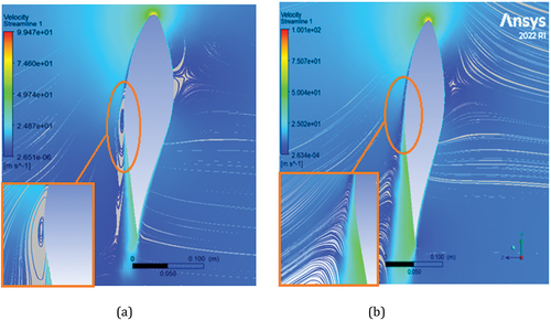 Figure 10. Benchmark blade surface streamline at (a) 13m/s, (b) 15 m/s: an enlarged view of 95% of the span.