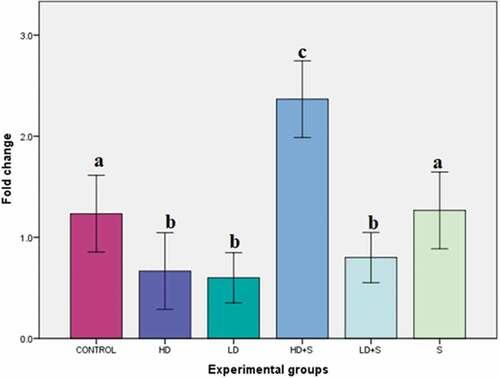 Figure 5. Mean (±SE) fold change in p53 gene expression level in the liver of rats exposed to high dose (HD) and low dose (LD) of DEHP and treated with spirulina (HD+S) and (LD+S). Different letters indicate significant (p ≤ 0.05) difference between the experimental groups.