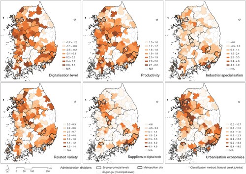 Figure 1. Spatial patterns of digitalisation level, productivity, and regional agglomeration.