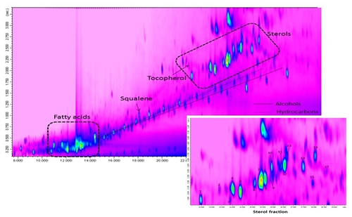 Figure 1 Comprehensive 2D GCxGC-MS chromatographic expansion highlighting the sterols contained in the lipid extract of the fruits of K. africana.