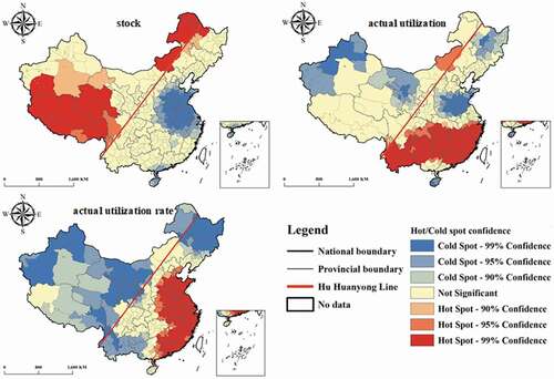 Figure 9. Hot spot analysis of peri-urban green space and its actual utilization at the city level in China