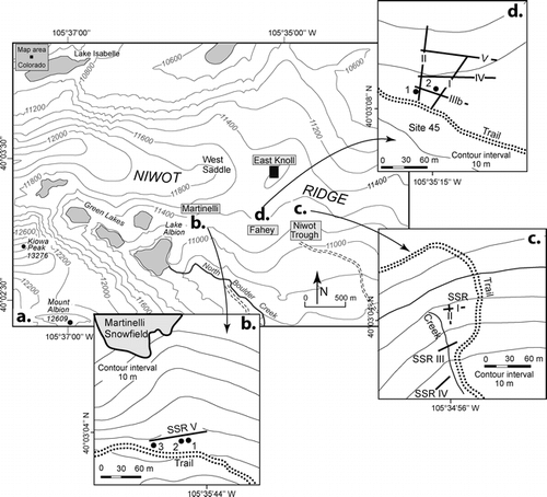 Figure 1 (a) Map of the Niwot Ridge area and insets of the study sites “Martinelli Snowfield” (b), “Niwot Trough” (c), and “Fahey” (d). Map base for contour lines (ft), lakes, and peaks is the Ward (1978) 7.5′ Quadrangle. Inset of Martinelli Snowfield (b) shows seismic refraction line SSR V and numbered bullets indicate the location of borings adjacent to the line and north of the trail to the Green Lakes. Inset of Niwot Trough (c) shows location of four seismic refraction lines Niwot SSR I–IV beside the trail to Niwot Ridge. Inset of Fahey site (d) north of the trail to the Tundra Laboratory at Niwot Ridge shows GPR lines I–V; bullets numbered 1 and 2 indicate the location of borings.