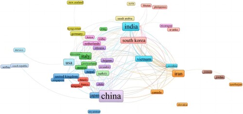 Figure 5. Network diagram of cooperation between countries(by VOSviewer ).