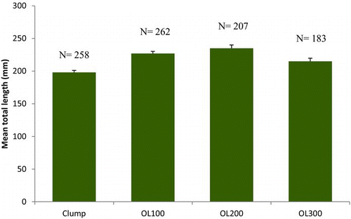 FIGURE 6 Mean (+SE) total length (mm) at each reef pattern (described in Figure 3; N = total number of Red Snapper sampled at each pattern) for Red Snapper captured with trap nets during September 2007–November 2008 from Artificial Reef Site Fish Haven 13 in the Gulf of Mexico.