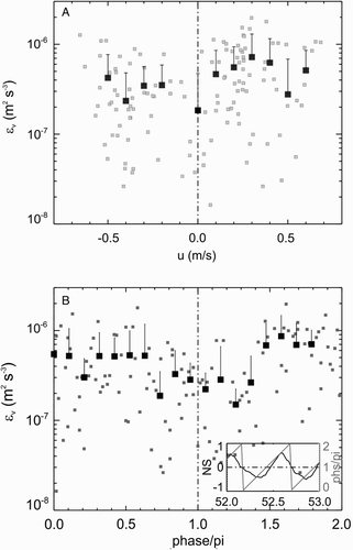 Figure 9. Velocimeter estimates of εv A, as function of north-south velocity (measured values as open squares and solid squares are binned values with 0.1 m s−1 bins, error-bars shows + 1 standard deviation) so that positive u is the ebb tide (Northward flowing); and B, as function of tidal speed phase (radian) where 0-π is the flood, and π−2π is the ebb. The inset shows the phase construction.