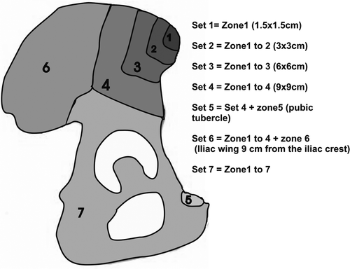 Figure 2. Seven sets of sampling surface areas were tested. The surface available for palpation was progressively enlarged from sets 1 to 7.