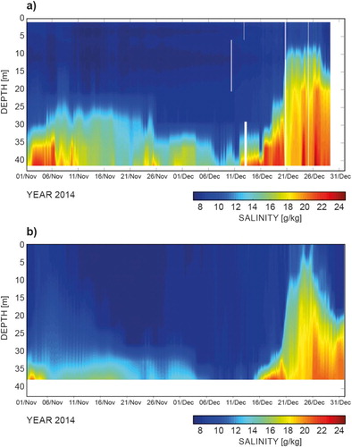 Figure 42. Salinity at the MARNET station in the Arkona Basin from observations (a) and reproduced by the CMEMS forecast product (see text for details) (b).