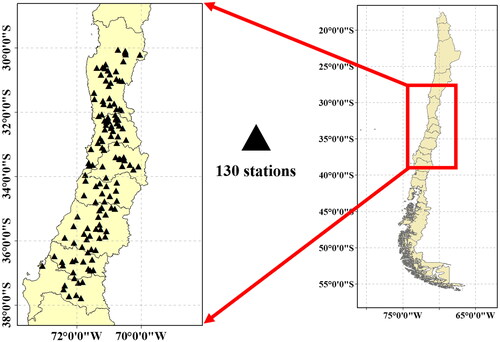 Figure 1. The geographic location of central Chile, and ground-based stations located in central Chile. Black points indicate 130 stations containing missing and outlier values of less than 3% during the data period from 1980 to 2016.