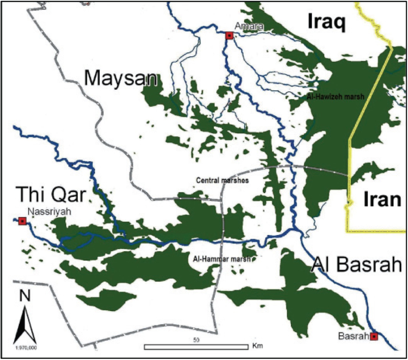 Figure 1 Map showing the main marshes of southern Iraq in 2006.