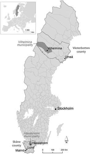 Figure 1. The case study areas in northern (Vilhelmina) and southern (Hässleholm) Sweden. Illustration: Olof Olsson.