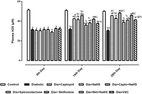 Figure 2 Plasma H2S of normal control, diabetic and diabetic+ treatment groups. The values are mean ± SEM (n=6). Statistical analysis was done one way analysis of variance (ANOVA) followed by Bonferroni post hoc test for all groups in respective days. The results are considered significant (*) if p < 0.05. * indicates p < 0.05 vs normal control, # indicates p < 0.05 vs diabetic, ^ indicates p < 0.05 vs diabetic+ captopril, & indicates p < 0.05 vs diabetic + NaHS, % indicates p < 0.05 vs diabetic +captopril+ NaHS, $indicates p < 0.05 vs diabetic +spironolactone, !indicates p < 0.05 vs diabetic +metformin, @indicates p < 0.05 vs diabetic + metformin+NaHS, Cindicates p < 0.05 vs diabetic + vitamin C.