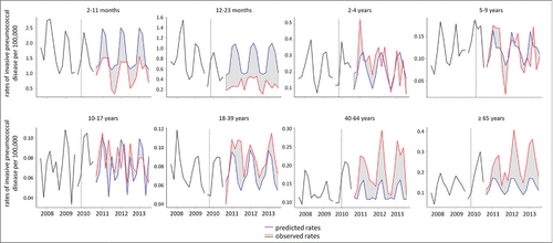 Figure 2. Observed (black and red) and predicted (blue) bimonthly rates of IPD by age group. Brazil, 2008 to 2013. IPD, invasive pneumococcal disease.