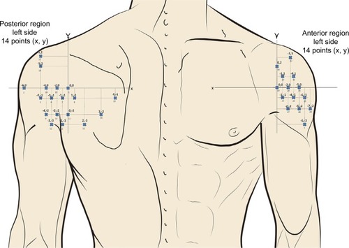 Figure 4 Points of assessment for topographical pressure pain sensitivity maps of the shoulder region based on a Cartesian plane.