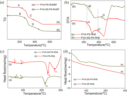 Figure 11. Profiles TG (a), DTA (b), DSC profiles (c), and retested for the second time of PVA-SS-PS-RhB and PVA-PS-RhB (d).