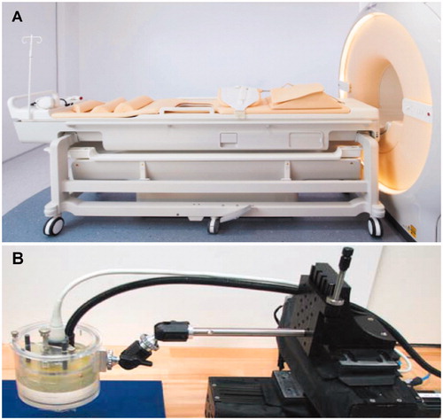 Figure 1. HIFU systems utilized in TMTCP experiments. (A) The Sonalleve V2 clinical tabletop MR-HIFU system. (B) The TIPS preclinical benchtop US-HIFU system.