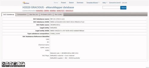 Figure 2. Details and studies for a particular material (here TiO2) in the eNanoMapper database. For this particular NM, data related to ecotoxicological studies (4 studies), physicochemical studies (157 studies) and toxicological studies (130 studies) are available. Data is structured according to the eNanoMapper data model (Jeliazkova et al. Citation2015; Kochev et al. Citation2020).