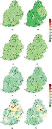 Figure 10. Spatial distribution of duration of dry (left) and wet events (right) at: (a,b) 3-month, (c,d) 6-month, (e,f) 12month- and (g,h) 24-month time scales.