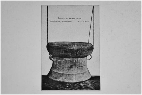 Figure 1. Postcard donated by Phuong Ngo to Re:Sounding Tambour De Bronze Ancien (1933). French Indochinese postcard. (Photograph of donated postcard, courtesy James Nguyen and Victoria Pham).