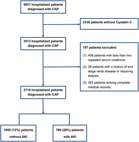 Figure 1. Flowchart for patient selection. CAP: community-acquired pneumonia; AKI: acute kidney injury.