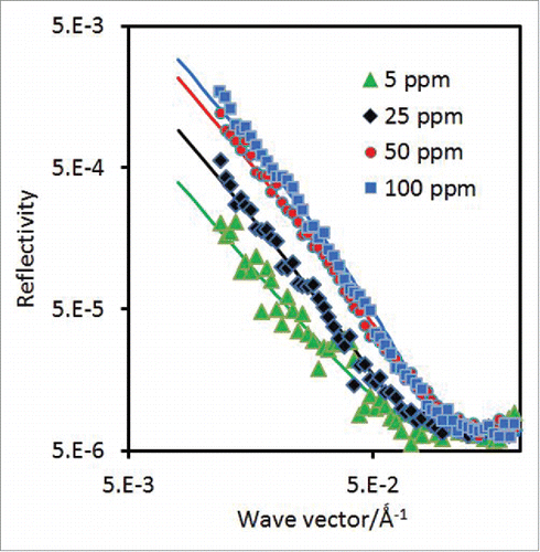 Figure 3. Neutron reflectivity profiles measured on the surface of null reflecting water from COE-3 adsorption at 4 representative concentrations of 5, 25, 50 and 100 ppm under the His buffer of pH 5.5 (25 mM ionic strength). The continuous lines denote the best uniform layer fits with thickness and SLD given in Table 1. The scatter of the data indicates the statistical errors in each reflectivity profile measured.