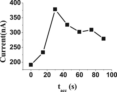 Figure 5. Effect of accumulation time (tacc) on reduction current for 20 µM of BDN in phosphate buffer pH 2.5 and 0.0 V Eacc.