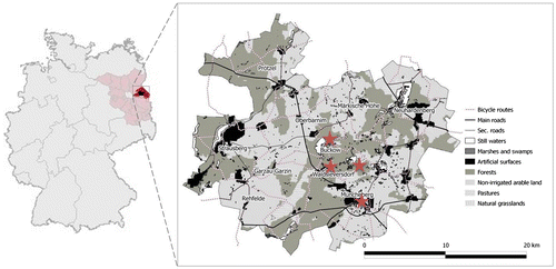 Figure 1. Location of the CSR Märkische Schweiz (left) with the Federal State Brandenburg (light red) and the County Märkisch Oderland (red) and land cover (right). Survey locations are marked as stars.