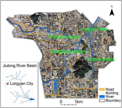 Figure 1. Map of Longyan city center, including its location, rivers, buildings and roads.