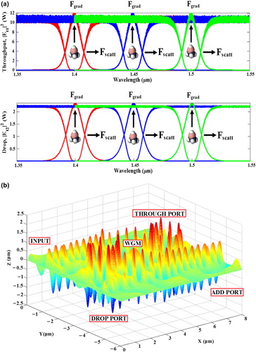 Figure 6. Graphics of optical capsules, where (a) with trapped molecules, (b) the 3D capsules obtained by Opti-wave, Fgrad: Gradient force, Fscatt: Scattering force, WGM: whispering gallery mode.