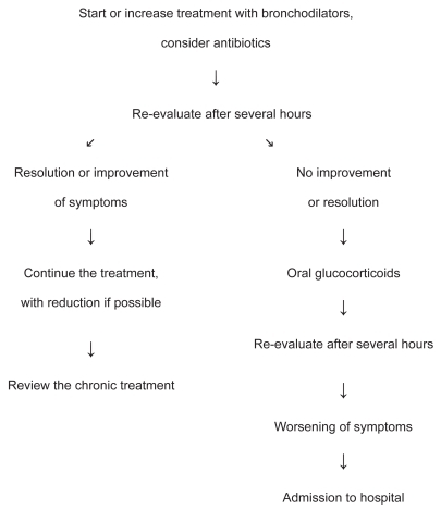 Figure 3 Algorithm for the home treatment of an exacerbation of COPD (adapted from Global Initiative for Chronic Obstructive Lung Disease. 2001. Global strategy for the diagnosis, management, and prevention of chronic obstructive pulmonary disease. National Institutes of Health. National Heart, Lung, and Blood Institute. Publication number 2701).