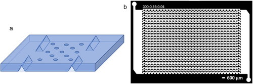 Figure 2. (a) Simplified schematic of large well array device showing thermocouple channels (not to scale). (b) Similar design by Brubaker et al. (Citation2020) for a 720 well device (Brubaker et al. Citation2020).