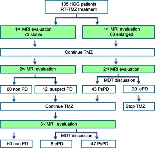 Figure 1 MRI findings and outcomes of patients.Abbreviations: MRI, magnetic; resonance imaging; HCGs, high-grade gliomas; TMZ, temozolomide; RT-TMZ, radiotherapy Concurrent TMZ chemotherapy; PD, disease progression; PsPD, pseudoprogression; ePD, early disease progression; MDT, multidisciplinary team.