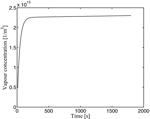 FIG. 2 Ambient sulphuric acid vapor concentration profile over the simulation period. On x-axis, time (s), on y-axis, vapor concentration (molecules per cubic meter).