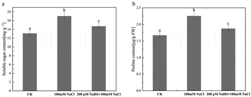 Figure 7. Effect of NaHS on osmotic regulatory substances in millet seedlings leaves under salt stress. a: soluble sugar content; b: proline content. Each value is the mean of three biological replicates, with different lowercase letters indicating significant differences between treatments (P＜.05).