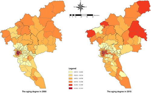 Figure 7. Change of population aging degree on the street block level in Guangzhou.